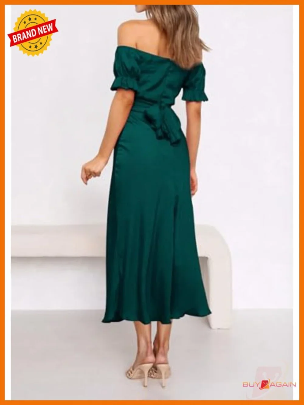 Satin Off Shoulder Midi Dress Puff Sleeve Mermaid Hem Wedding Guest Cocktail